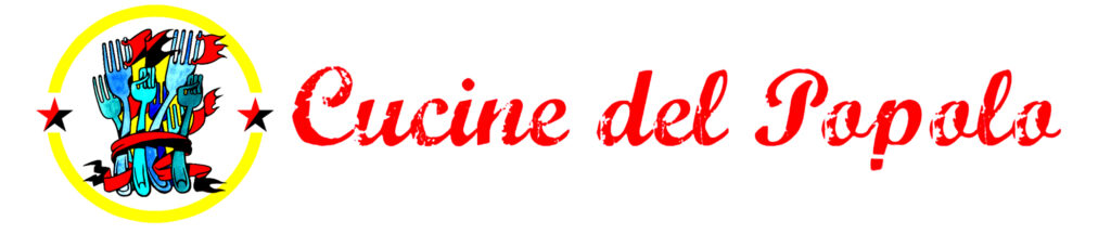 Logo links: viele Gabeln umgeben von einem roten BandText: Cucine del Popolo in roter kursiver Schrift